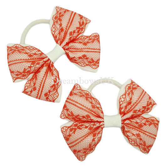 Red and white lace hair bows, thick bobbles