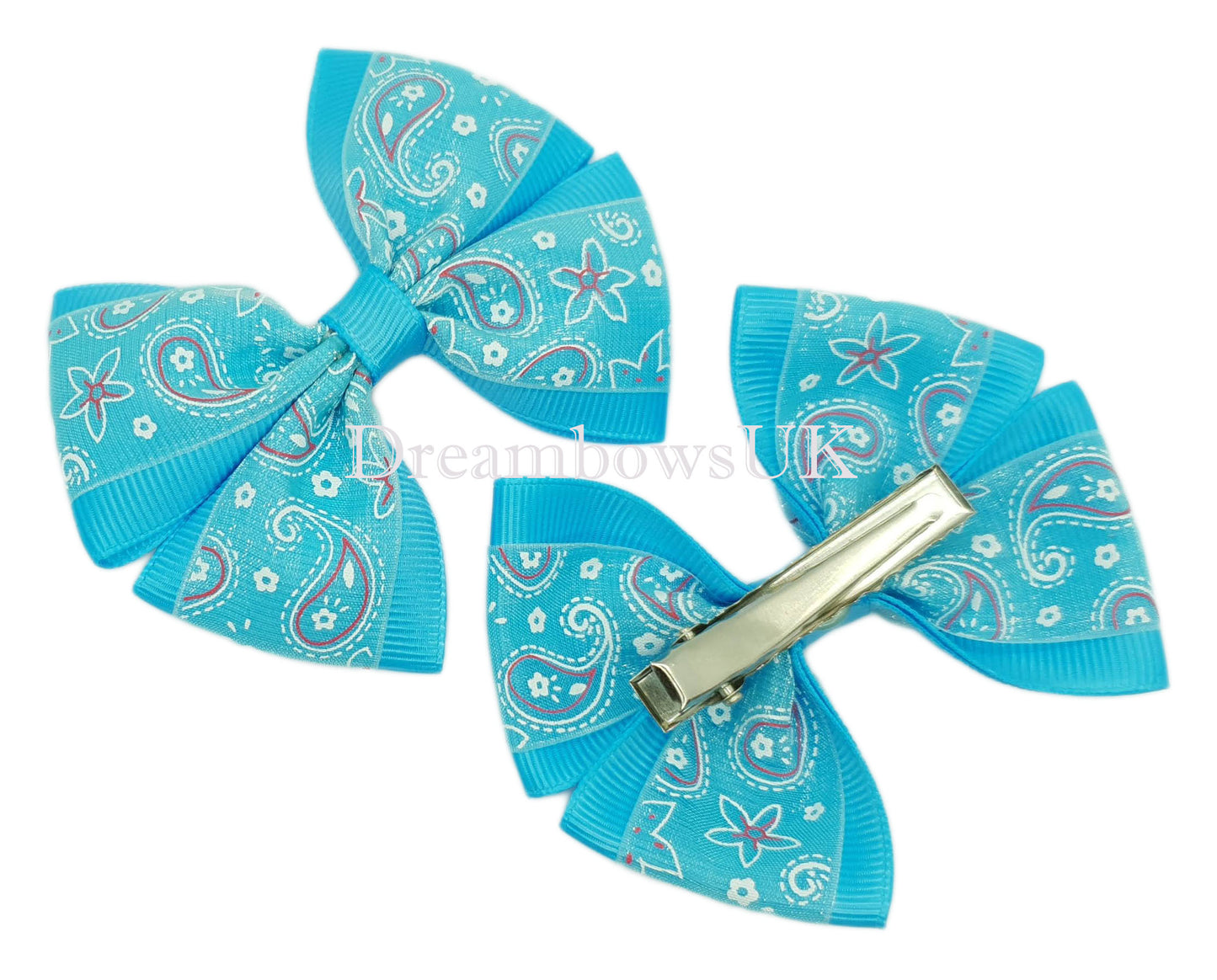 Turquoise paisley hair bows, crocodile clips