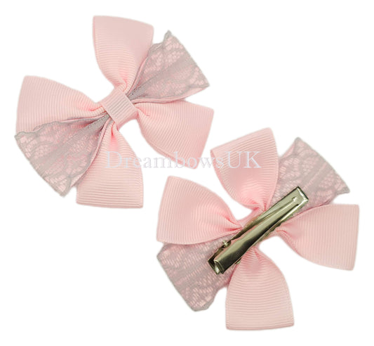 Baby pink and silver hair bows, alligator clips, summer hair fashion, lace accessories 