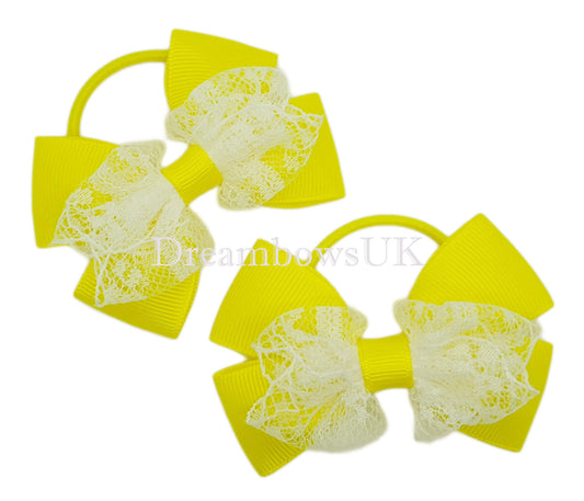 Yellow and white lace hair bows, thin hair elastics