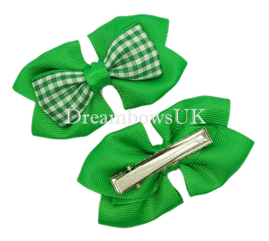Emerald green gingham bows, alligator clips