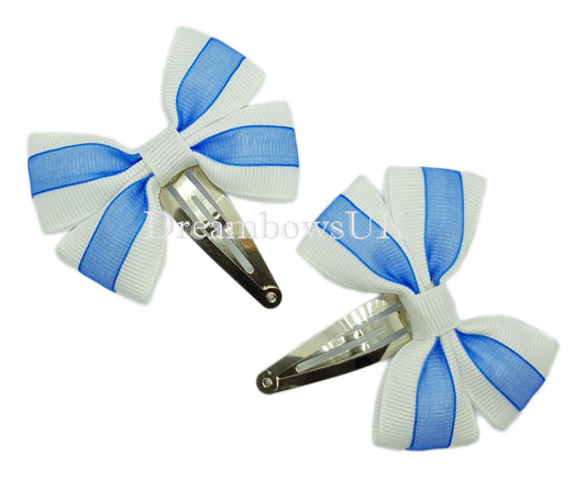 Royal blue and white hair bows, snap clips