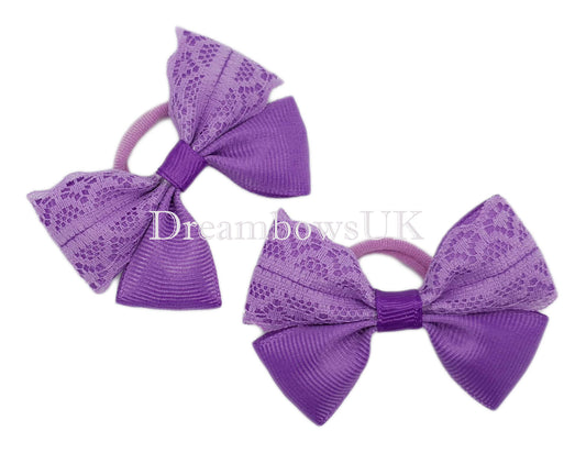 Purple lace hair bows on polyester bobbles