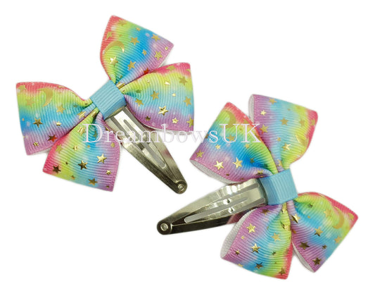 Rainbow hair bows, snap clips