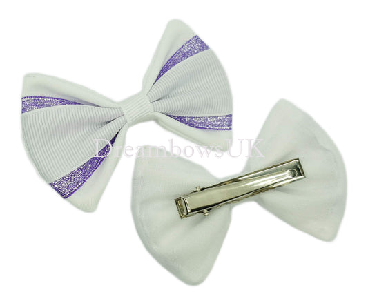White and purple hair bows, alligator clips