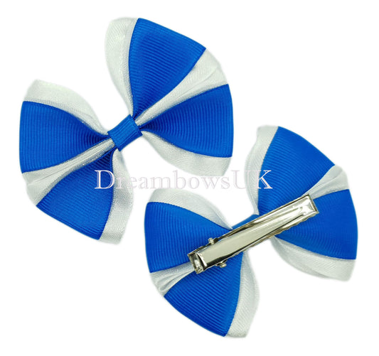 Royal blue and white school bows, alligator clips