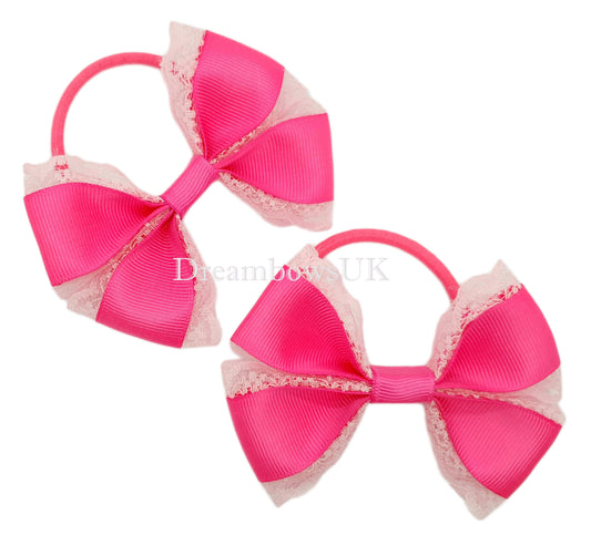 Girls pink lace hair bows on thick bobbles