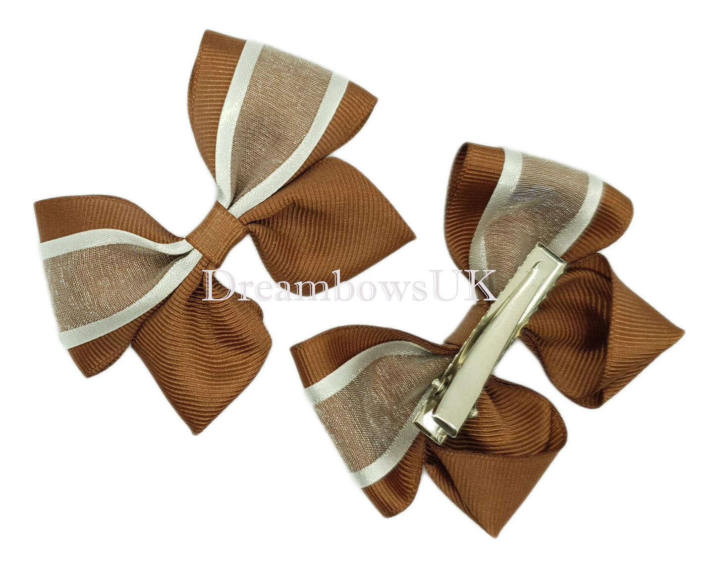 Brown and white organza hair bows on alligator clips