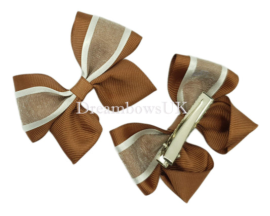 Brown and white organza hair bows on alligator clips