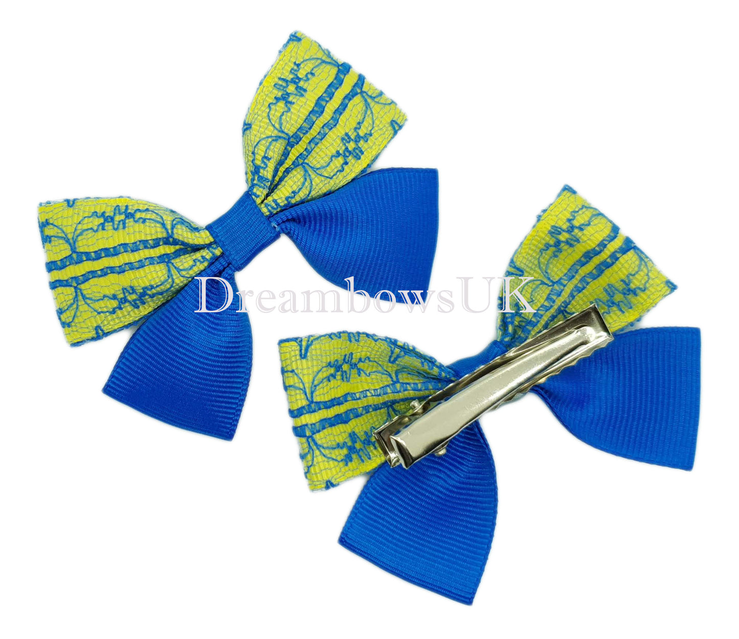 Royal blue and yellow school bows on alligator clips
