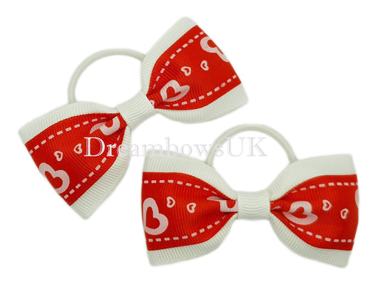 Red and white heart bows, thin hair bobbles
