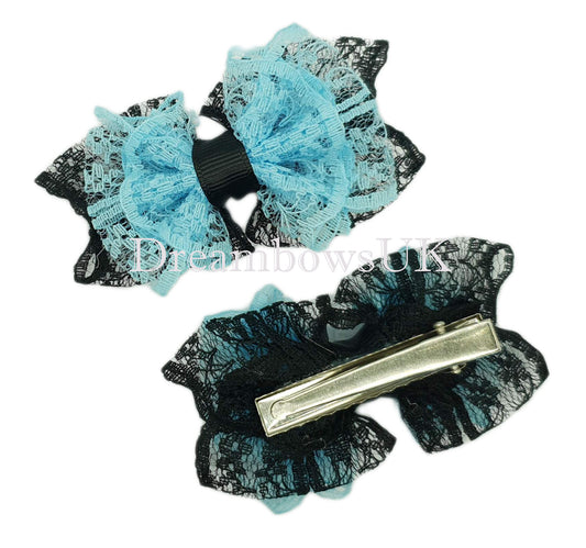 Black and blue lace hair bows, alligator clips