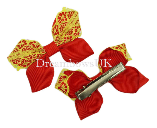 Red and yellow lace hair bows, alligator clips