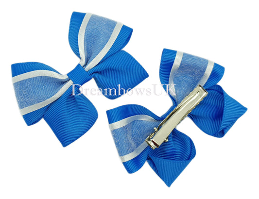 Royal blue and white organza school bows on alligator clips