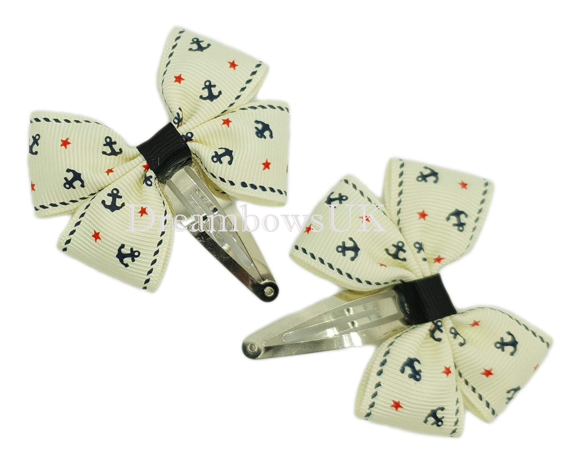 Cream Anchor Novelty Design Hair Bows on Snap Clips - Unique Accessories for Girls