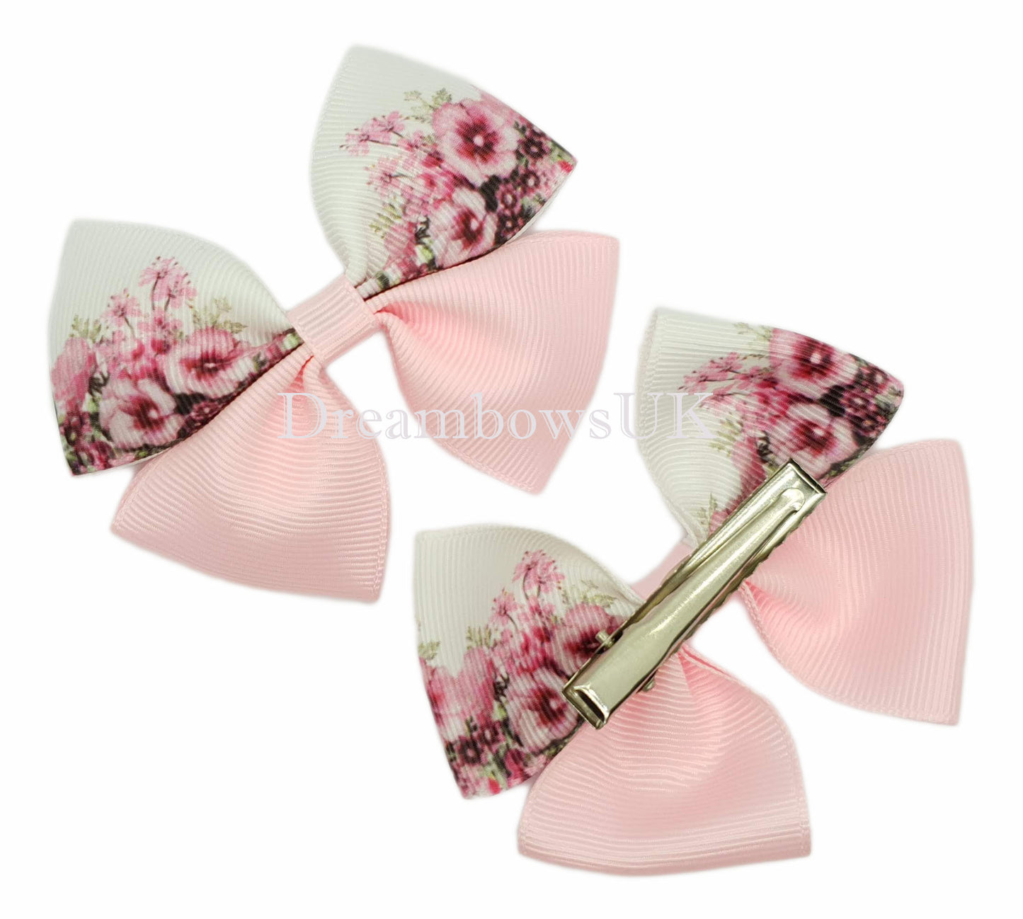 Baby Pink and White Floral Hair Bows on Alligator Clips – Pair (8cm x 6cm)