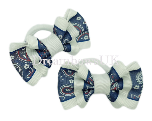 Navy blue and white paisley hair bows on polyester bobbles