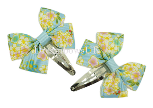 Baby blue floral hair bows on snap clips