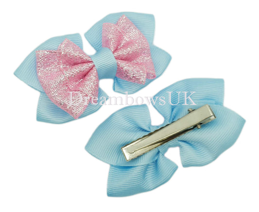 Sparkling Baby Blue and Baby Pink Glitter Hair Bows – Alligator clips