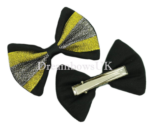 Black and gold hair bows on alligator clips