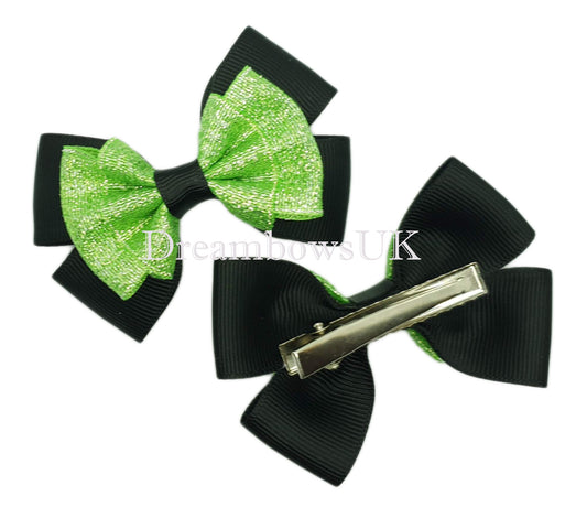 Black and lime green glitter hair bows, alligator clips