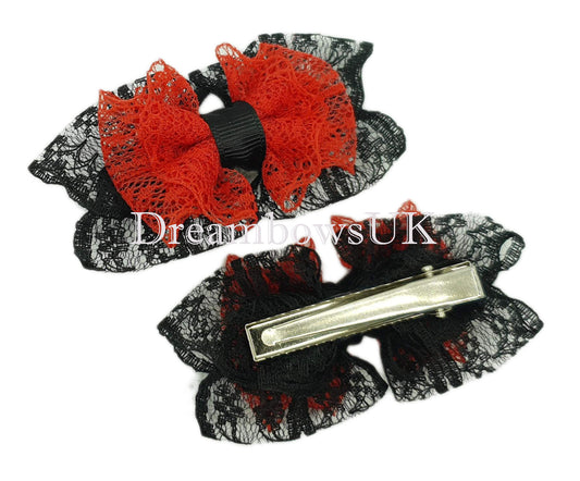 Black and red lace hair bows on alligator clips