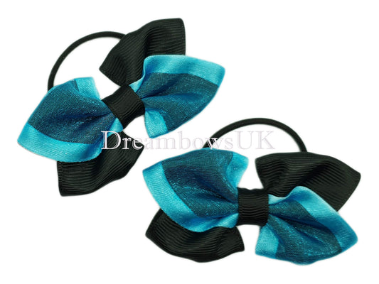 Elegant Black and Turquoise Organza Hair Bows – Unique Pair on Thin Bobbles, 7cm x 4cm, Handcrafted Exclusively!