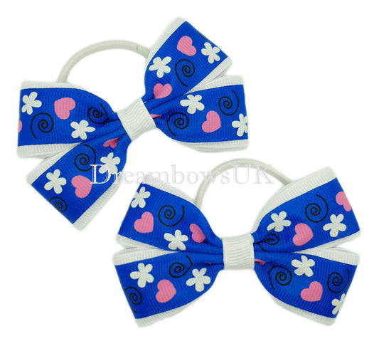 Royal blue and white hair bows, thin hair elastics