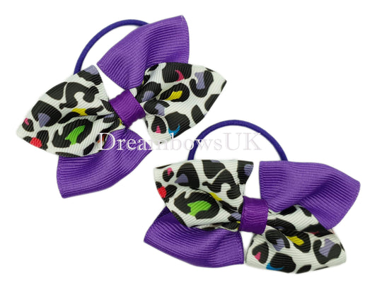 Purple hair bows, leopard print hair bows, thin hair bobbles