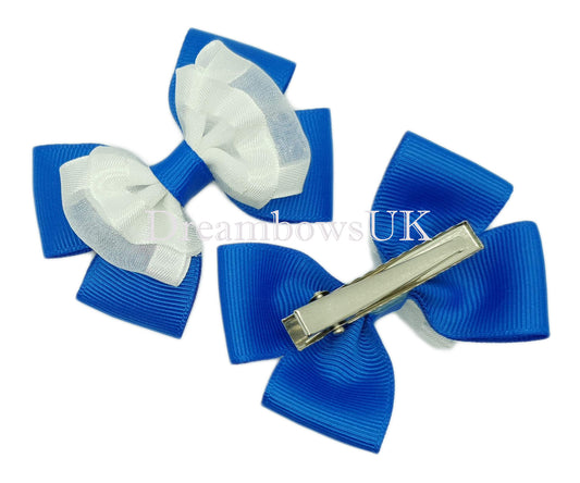 Royal blue and white organza hair bows on alligator clips