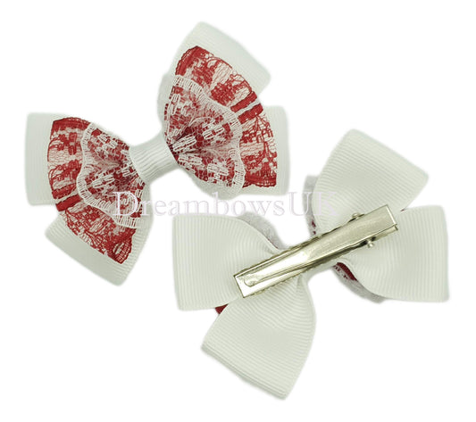 burgundy and white school bows on alligator clips