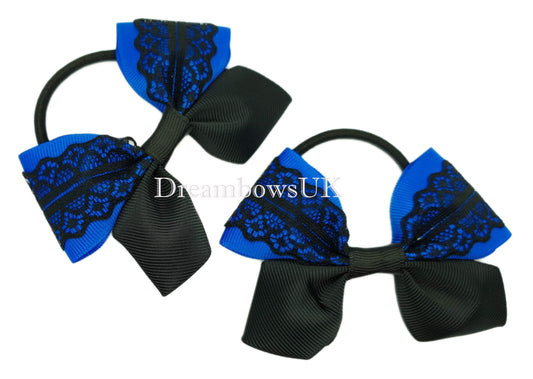 Black and royal blue lace hair bows on thick bobbles 