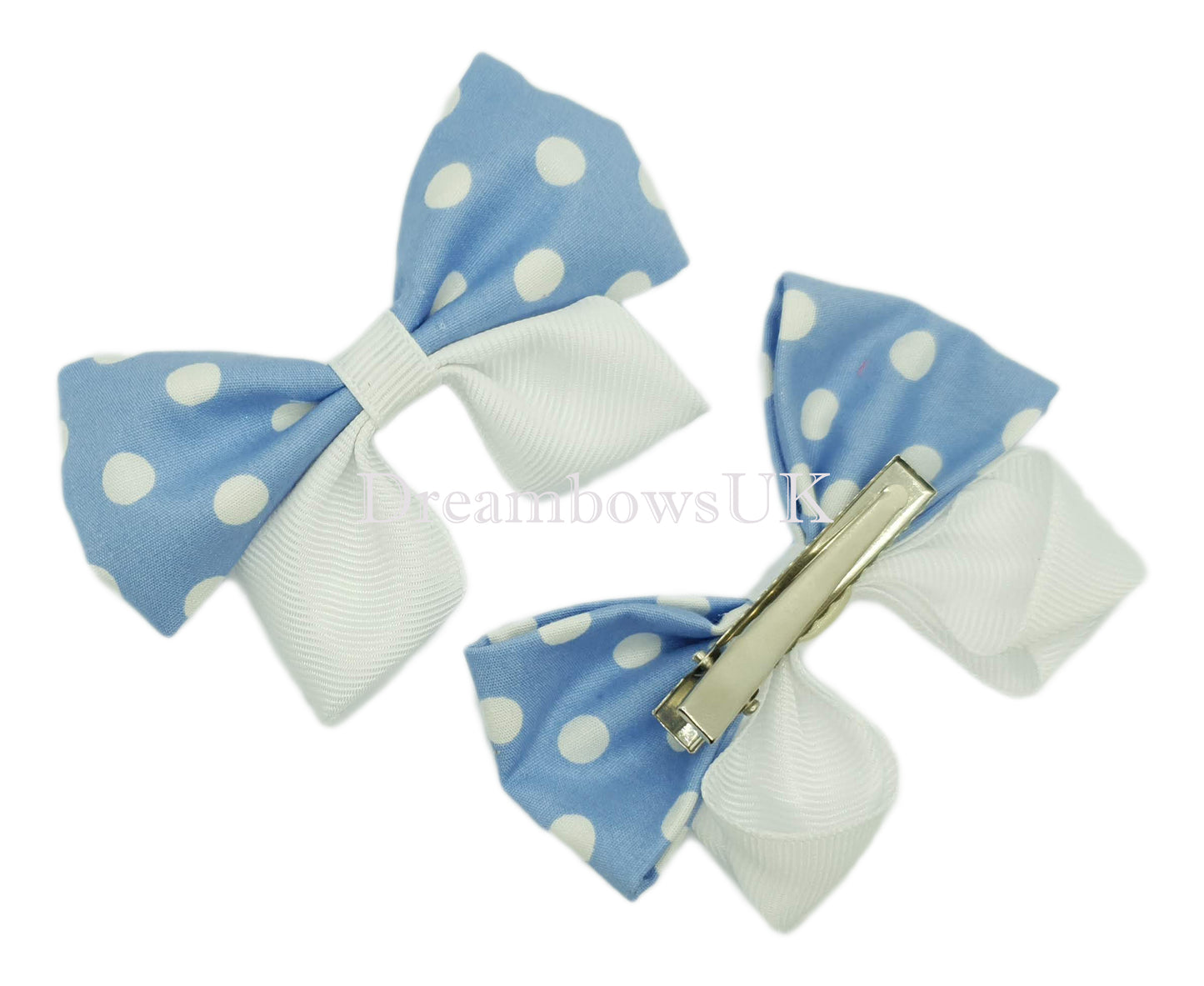 Blue spotty hair bows, alligator clips