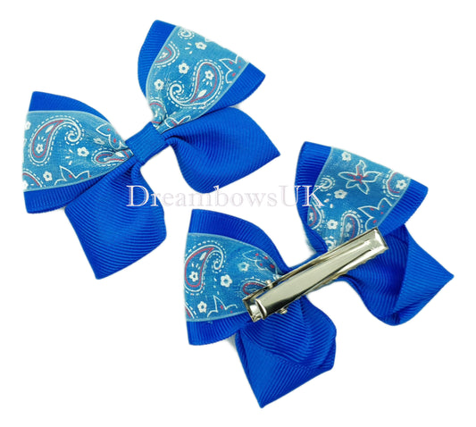 Royal blue paisley hair bows on alligator clips