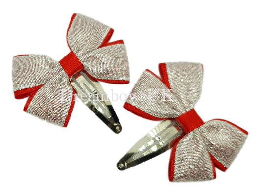 Red and silver glitter bows, alligator clips