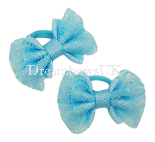 Baby blue lace hair bows, polyester bobbles, baby hair bobbles