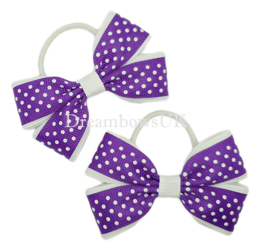 Purple polka dot hair bows, thin hair elastics