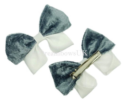 Grey and white velvet hair bows on alligator clips