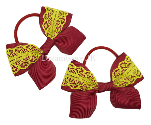 Burgundy and yellow school bows on thick bobbles