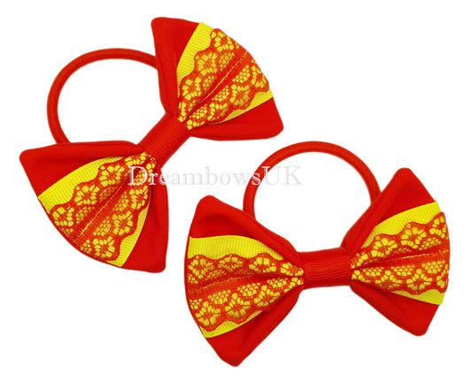 Red and Yellow Lace Hair Bows on Thick Bobbles | Unique Pair
