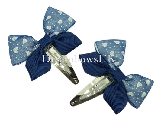 Navy blue hair bows on snap clips