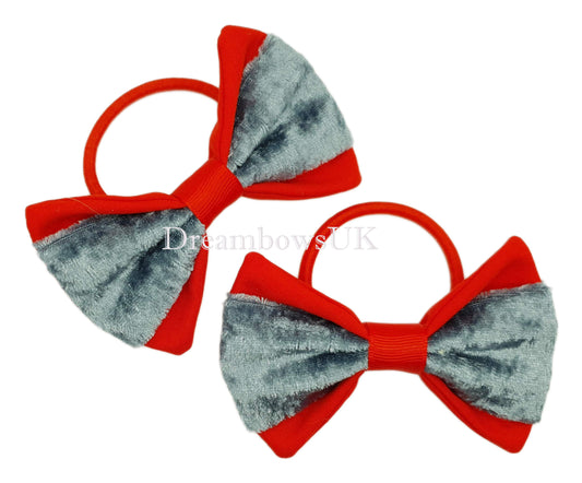 Grey and red velvet bows on thick bobbles 
