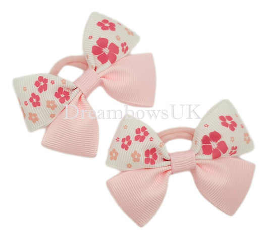 Baby pink and white floral hair bows, polyester bobbles, baby hair elastics, baby hair bows
