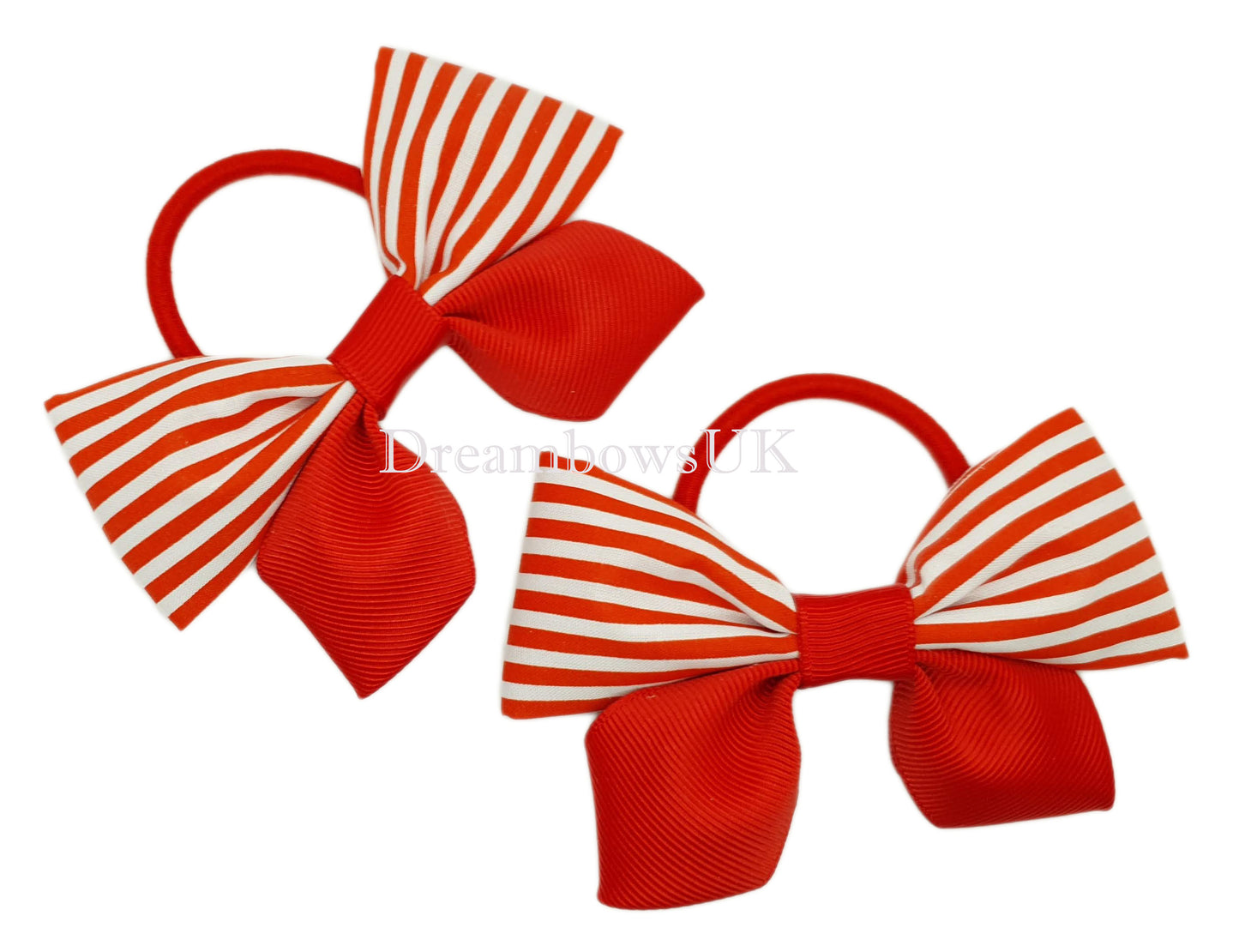 Red and white striped bows on thick bobbles