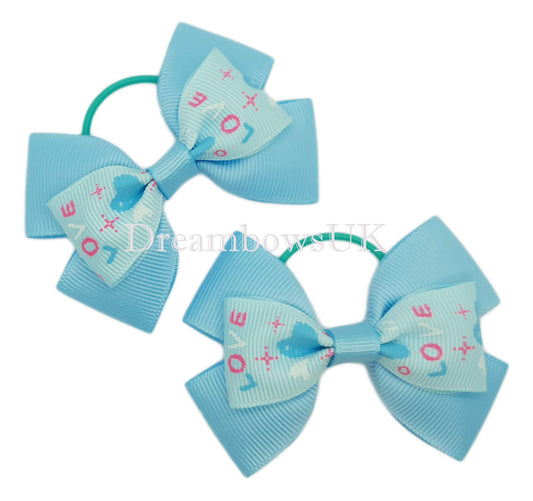 Baby Blue Hearts Hair Bow Set | Unique 7cm x 5cm Design on thin bobbles