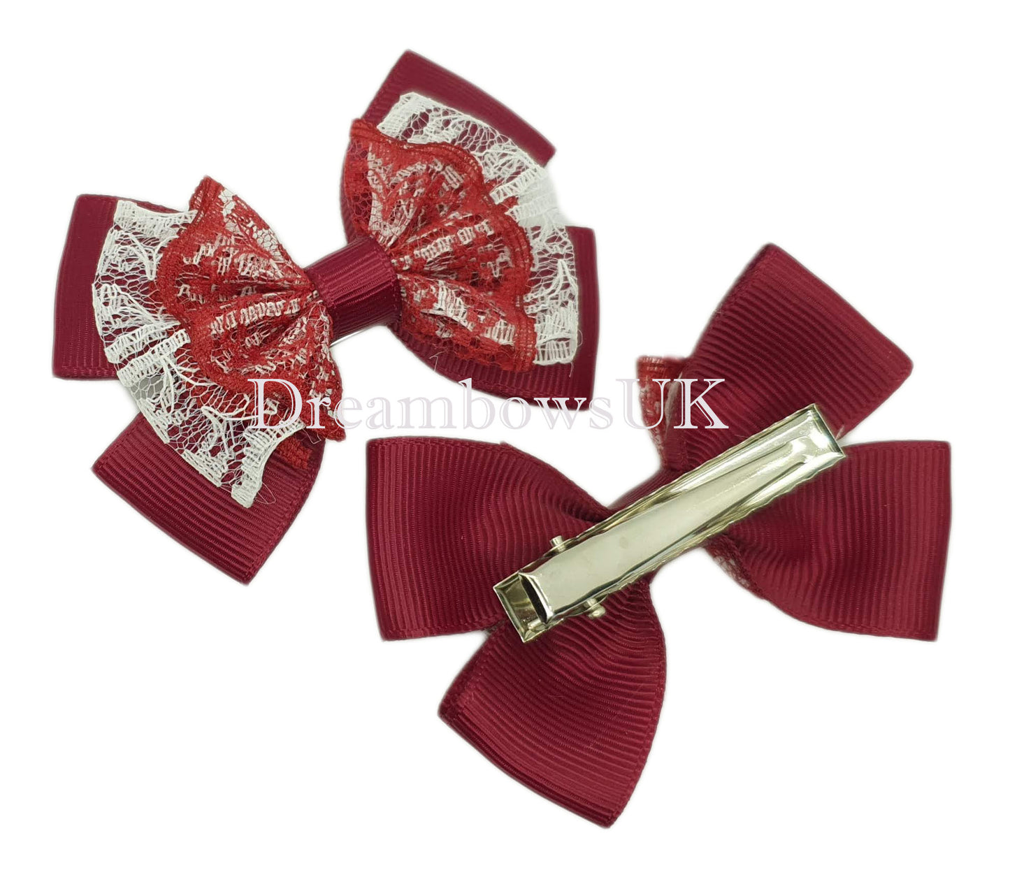 Burgundy school bows, alligator clips