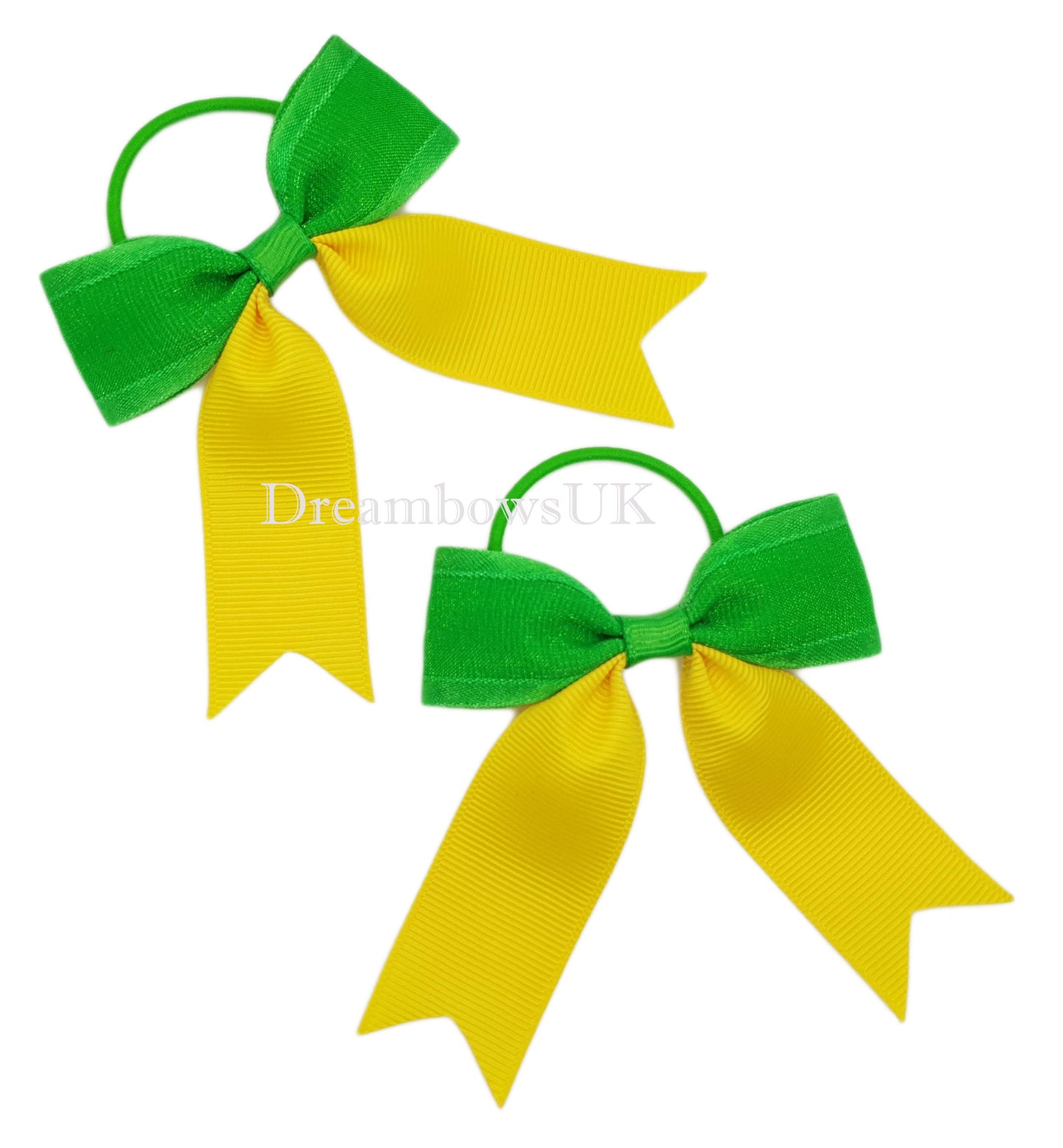 Emerald green and golden yellow organza bows on thin bobbles