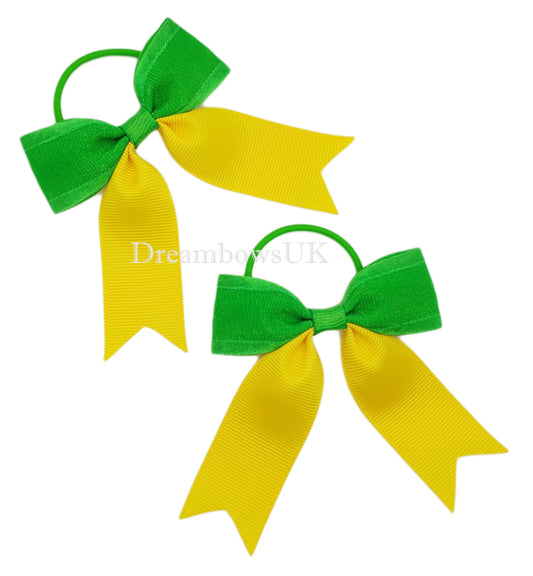 Emerald green and golden yellow organza bows on thin bobbles
