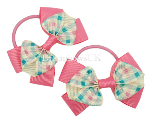 Hot Pink, Cream, and Blue Checked Hair Bows on Thick bobbles