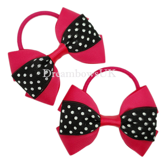 Cerise pink and black spotty hair bows, thick bobbles